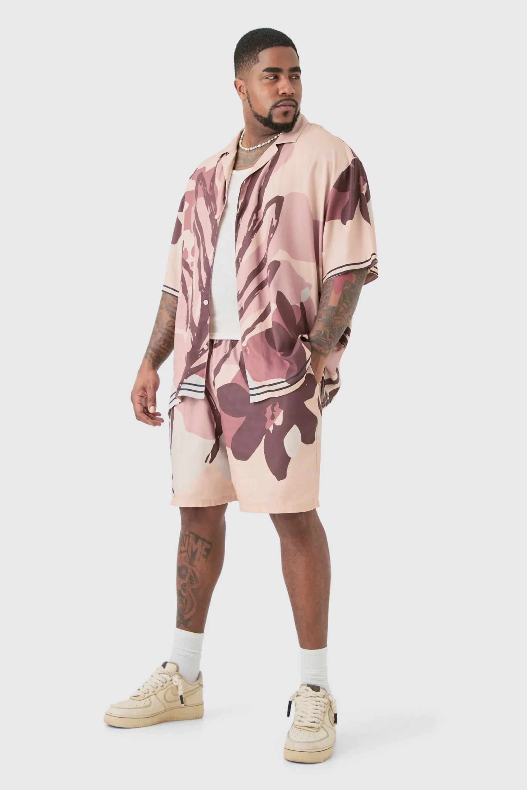 boohooMAN Plus Drop Revere Abstract Flower Shirt & Short Set | UK| Sets & Co-Ords