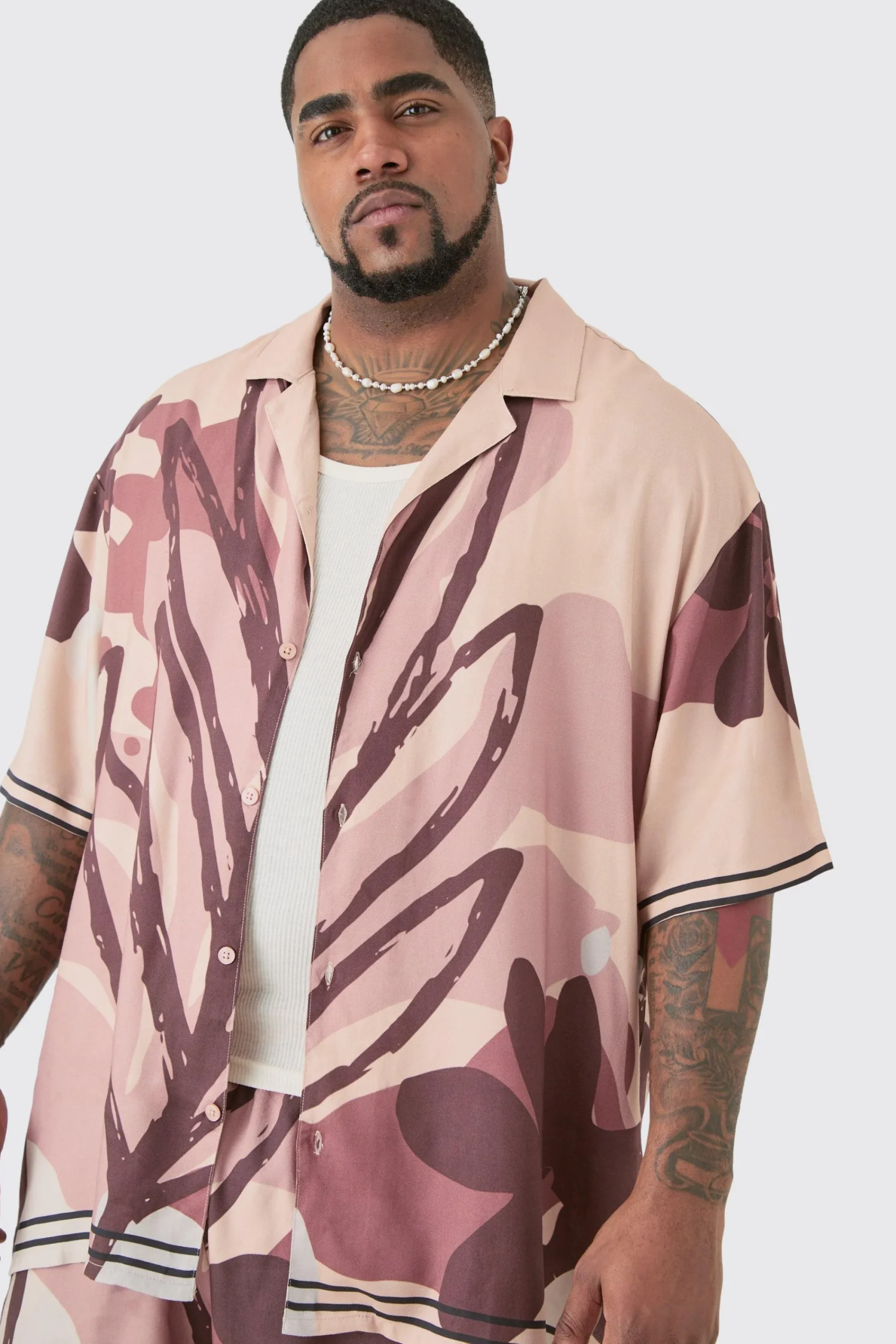 boohooMAN Plus Drop Revere Abstract Flower Shirt & Short Set | UK| Sets & Co-Ords