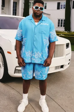 boohooMAN Plus Drop Revere Seersucker Embroidered Floral Shirt & Short Set | UK| Sets & Co-Ords