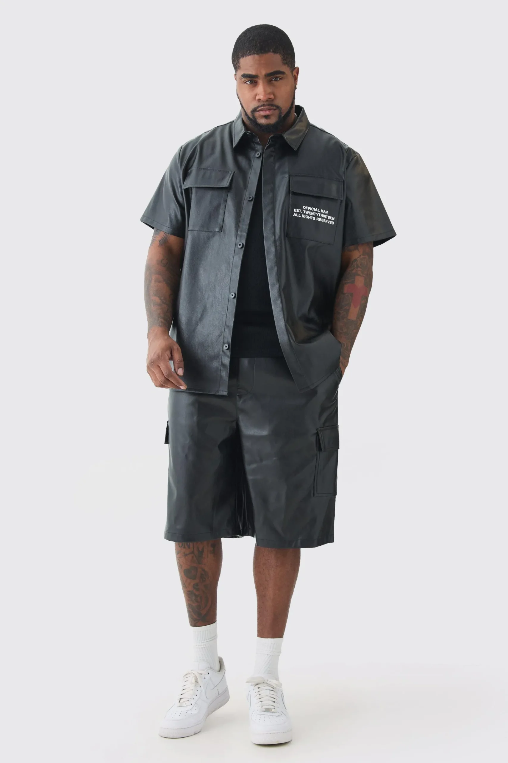 boohooMAN Plus Elasticated Waist PU Cargo Short | UK| Shorts