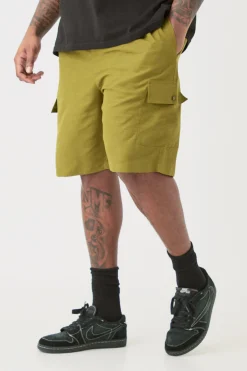 boohooMAN Plus Elasticated Waist Relaxed Linen Cargo Shorts In | UK| Shorts