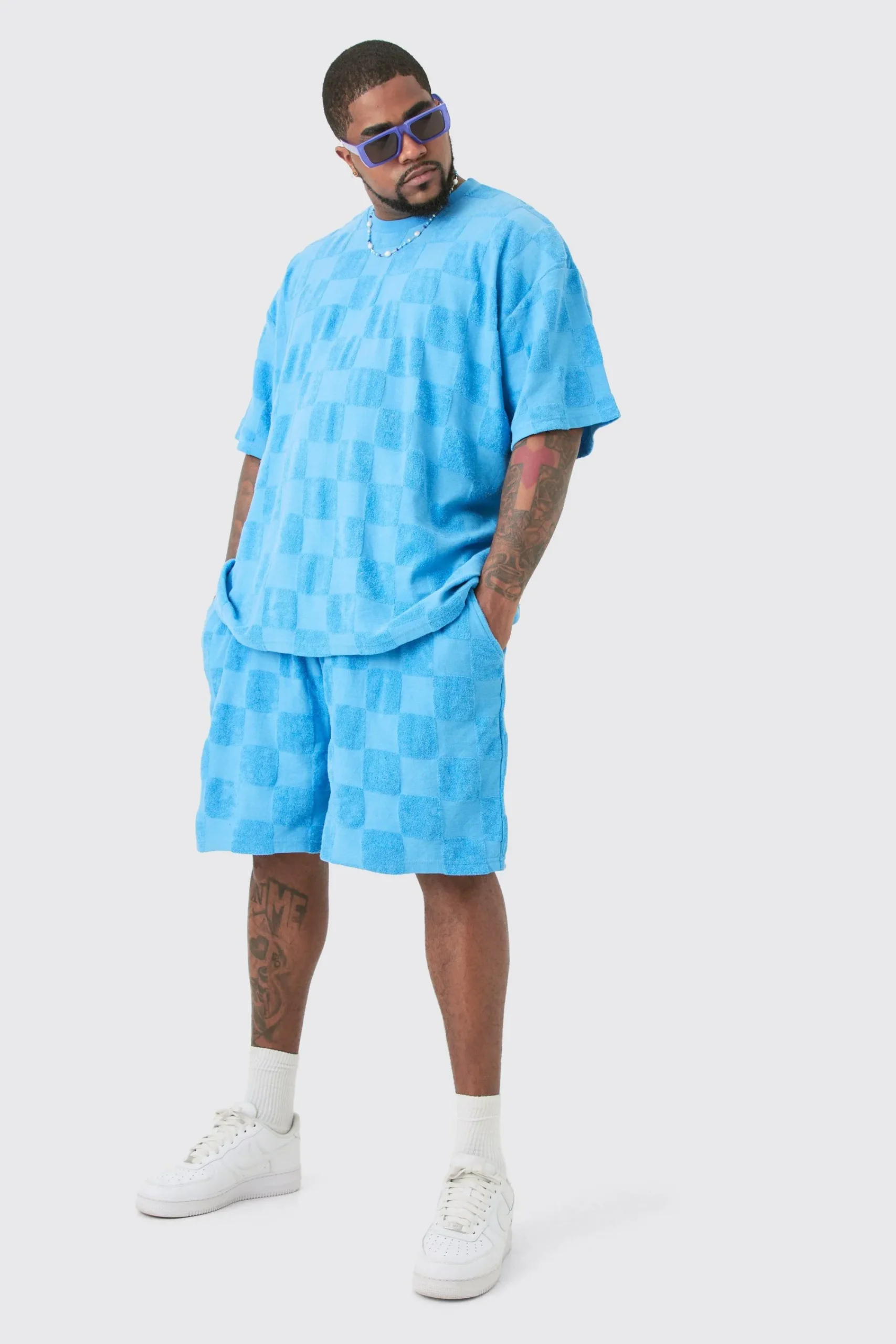 boohooMAN Plus Embossed Checkered Towelling T-shirt & Short Set | UK| Tracksuits