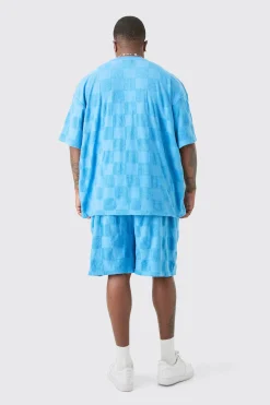 boohooMAN Plus Embossed Checkered Towelling T-shirt & Short Set | UK| Tracksuits