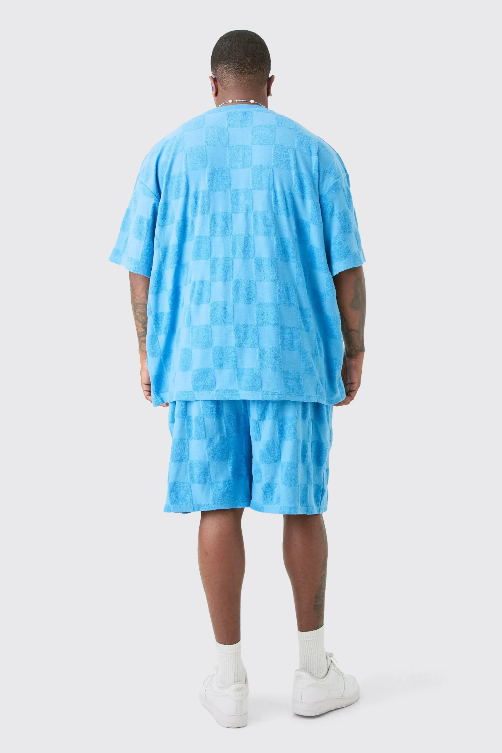 boohooMAN Plus Embossed Checkered Towelling T-shirt & Short Set | UK| Tracksuits