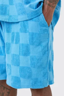 boohooMAN Plus Embossed Checkered Towelling T-shirt & Short Set | UK| Tracksuits
