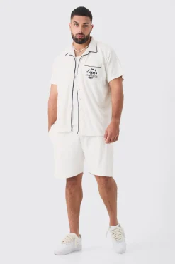boohooMAN Plus Embroidered Towelling Shirt & Short Set In | UK| Tracksuits