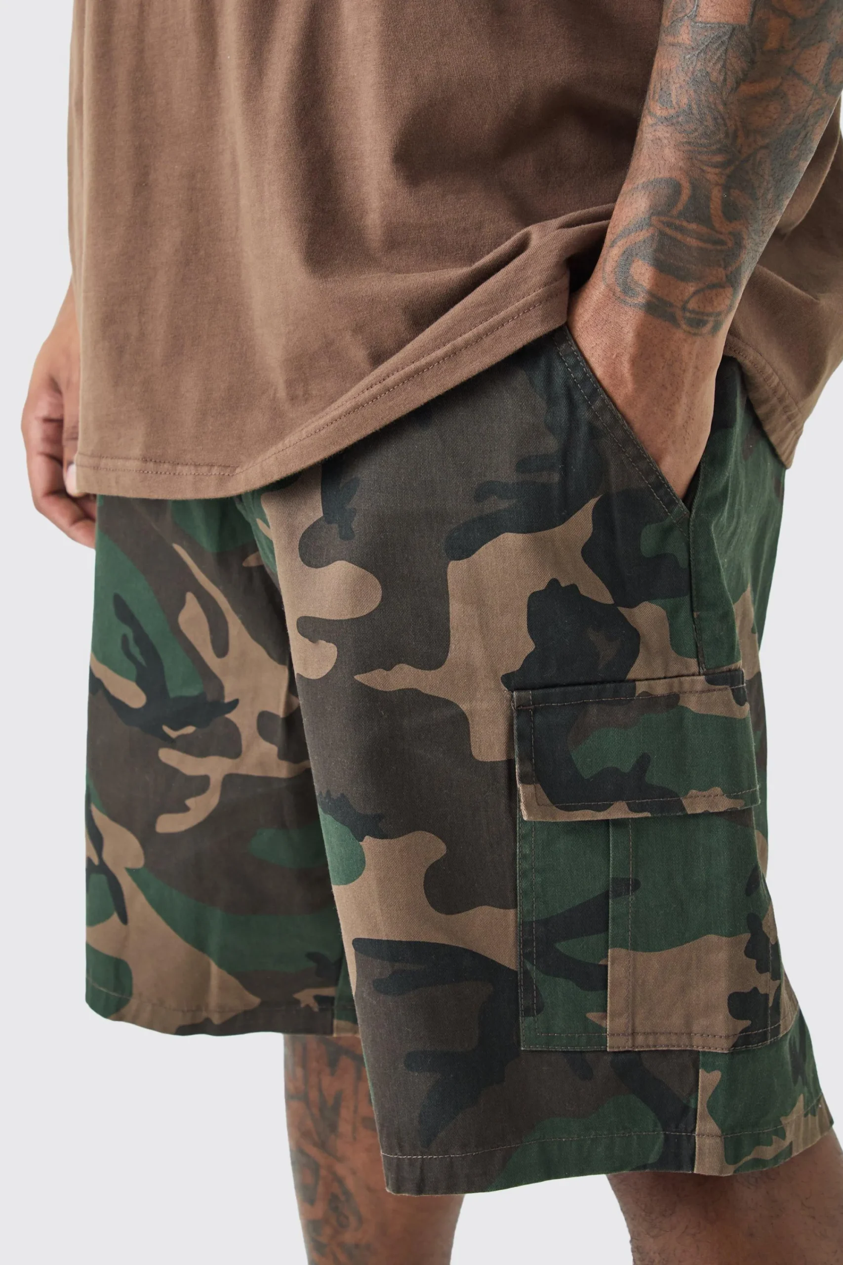 boohooMAN Plus Fixed Waist Camo Twill Cargo Short | UK| Shorts