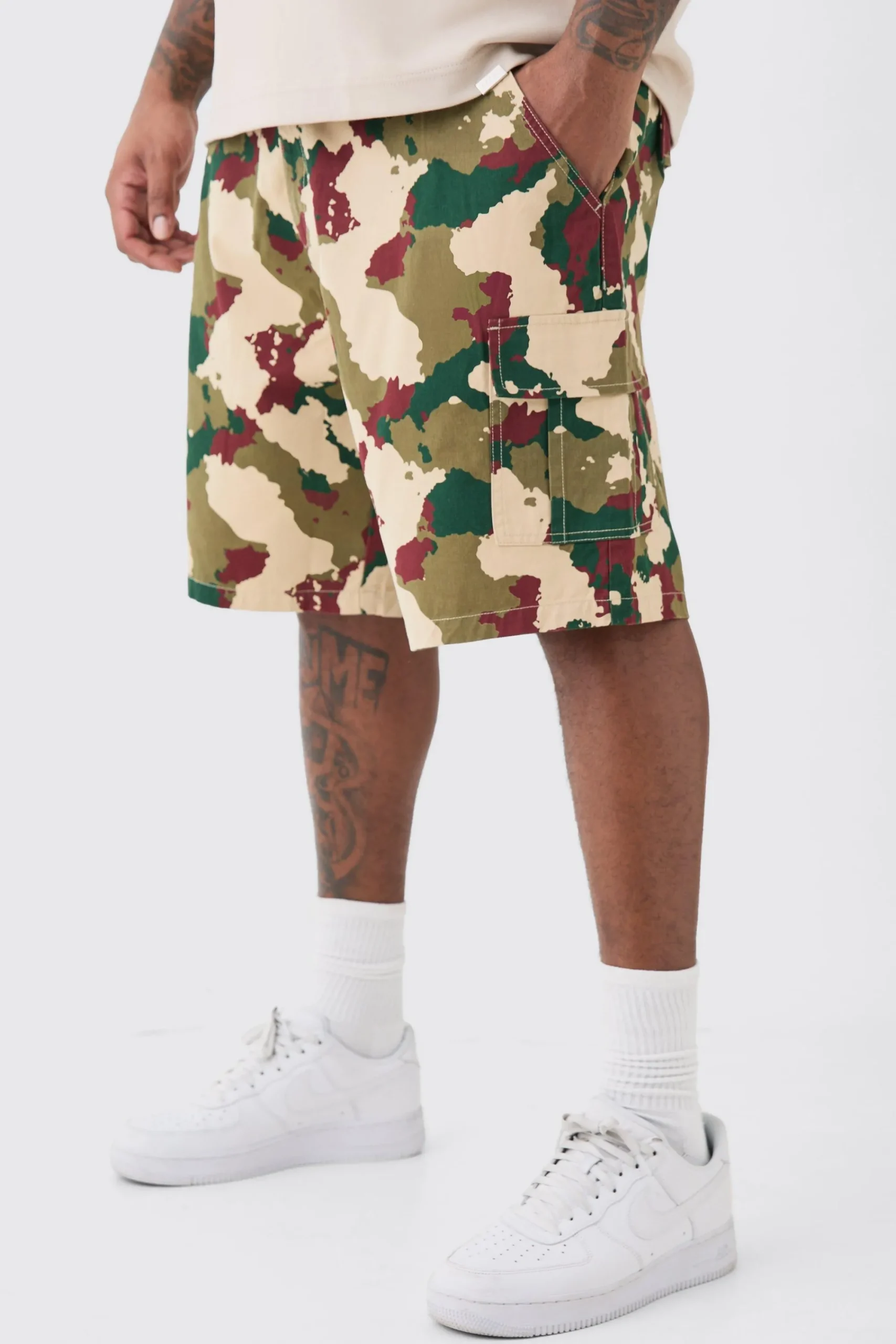 boohooMAN Plus Fixed Waist Camo Twill Cargo Short | UK| Shorts