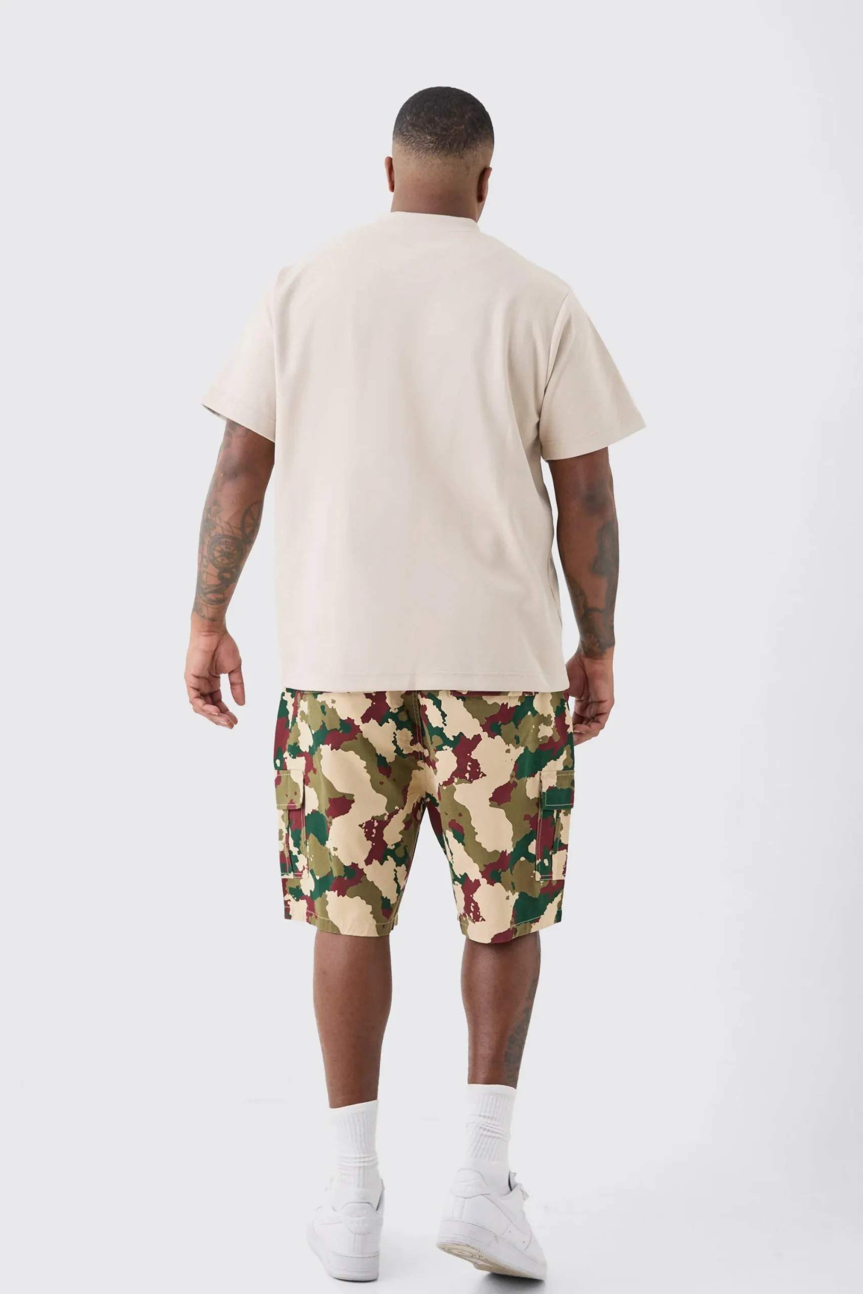 boohooMAN Plus Fixed Waist Camo Twill Cargo Short | UK| Shorts