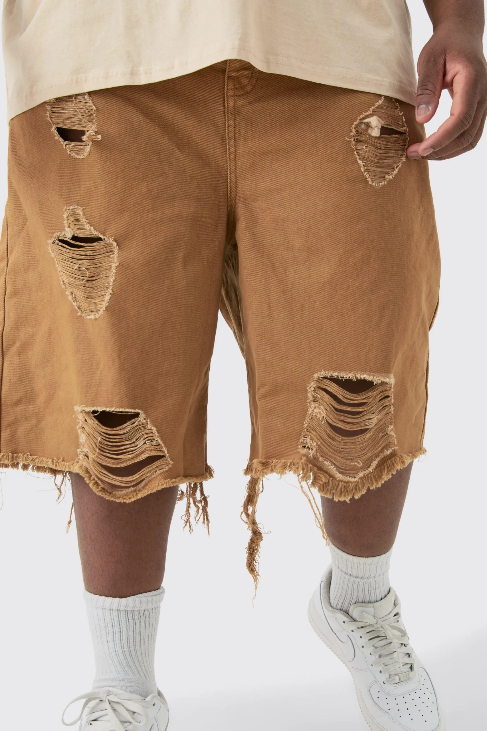 boohooMAN Plus Fixed Waist Distressed Twill Jort | UK| Shorts