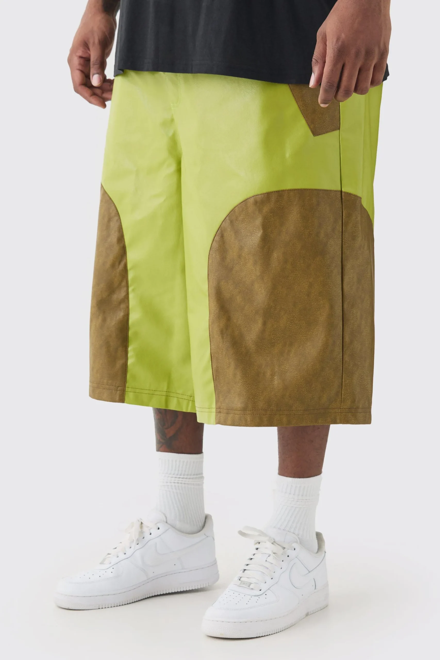 boohooMAN Plus Fixed Waist PU Colour Block Jort | UK| Shorts