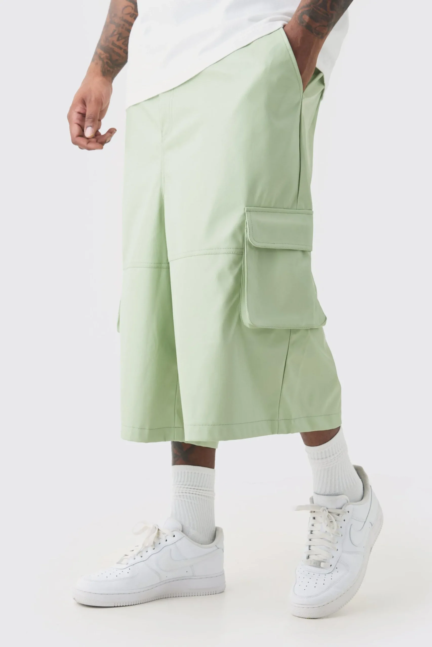boohooMAN Plus Fixed Waist PU Panel Cargo Jort | UK| Shorts
