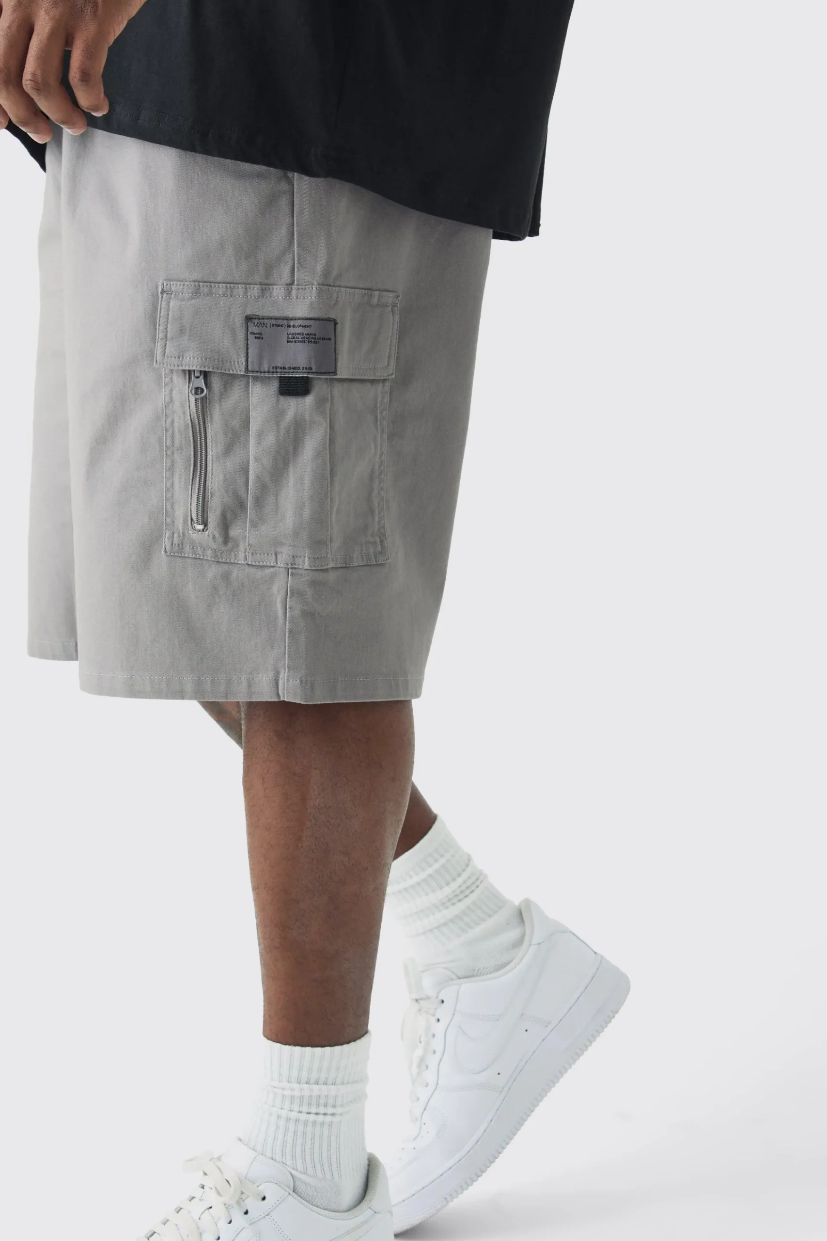 boohooMAN Plus Fixed Waist Twill Relaxed Cargo Zip Detail Tab Short | UK| Shorts