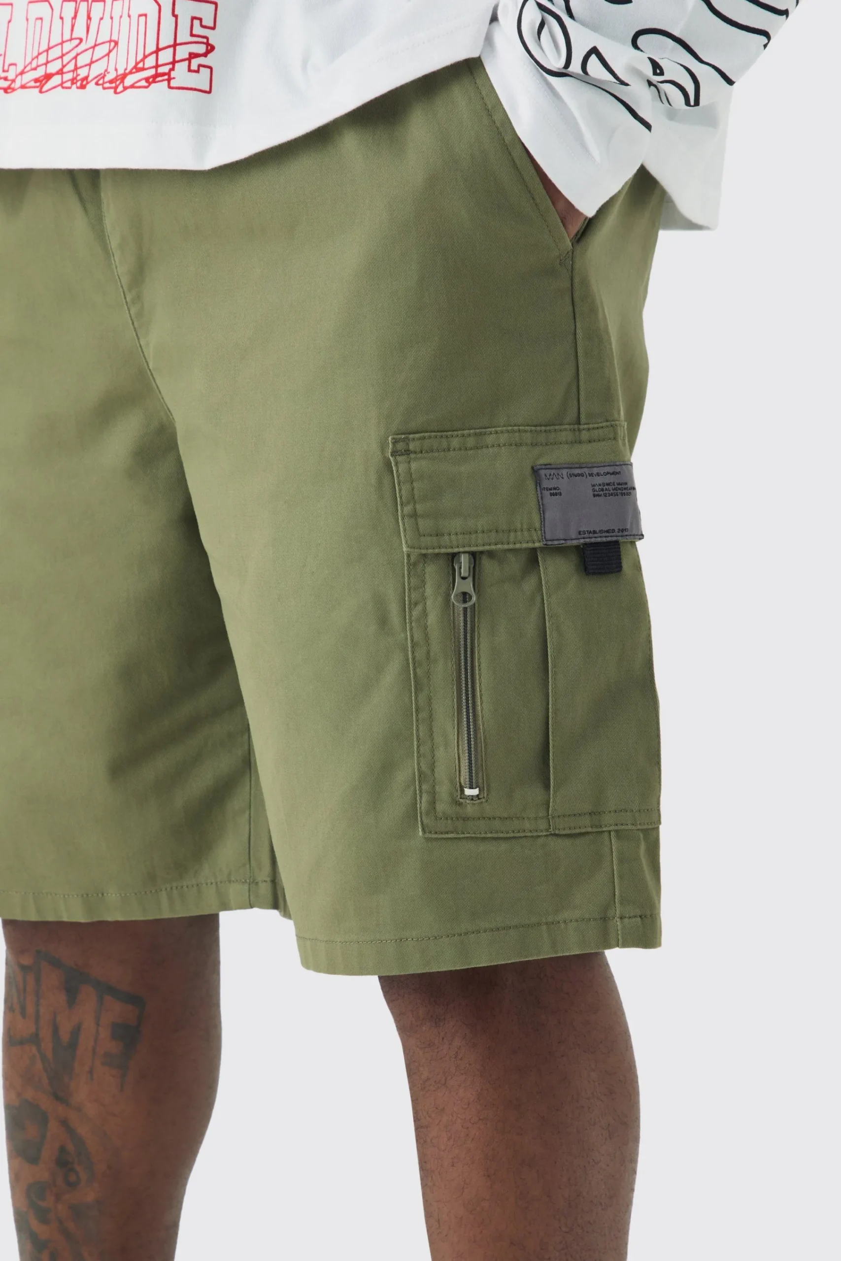 boohooMAN Plus Fixed Waist Twill Relaxed Cargo Zip Detail Tab Short | UK| Shorts