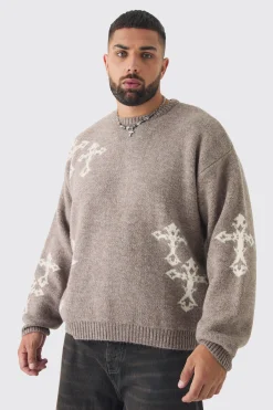 boohooMAN Plus Gothic Cross Oversized Fluffy Knitted Sweat | UK| Knitwear