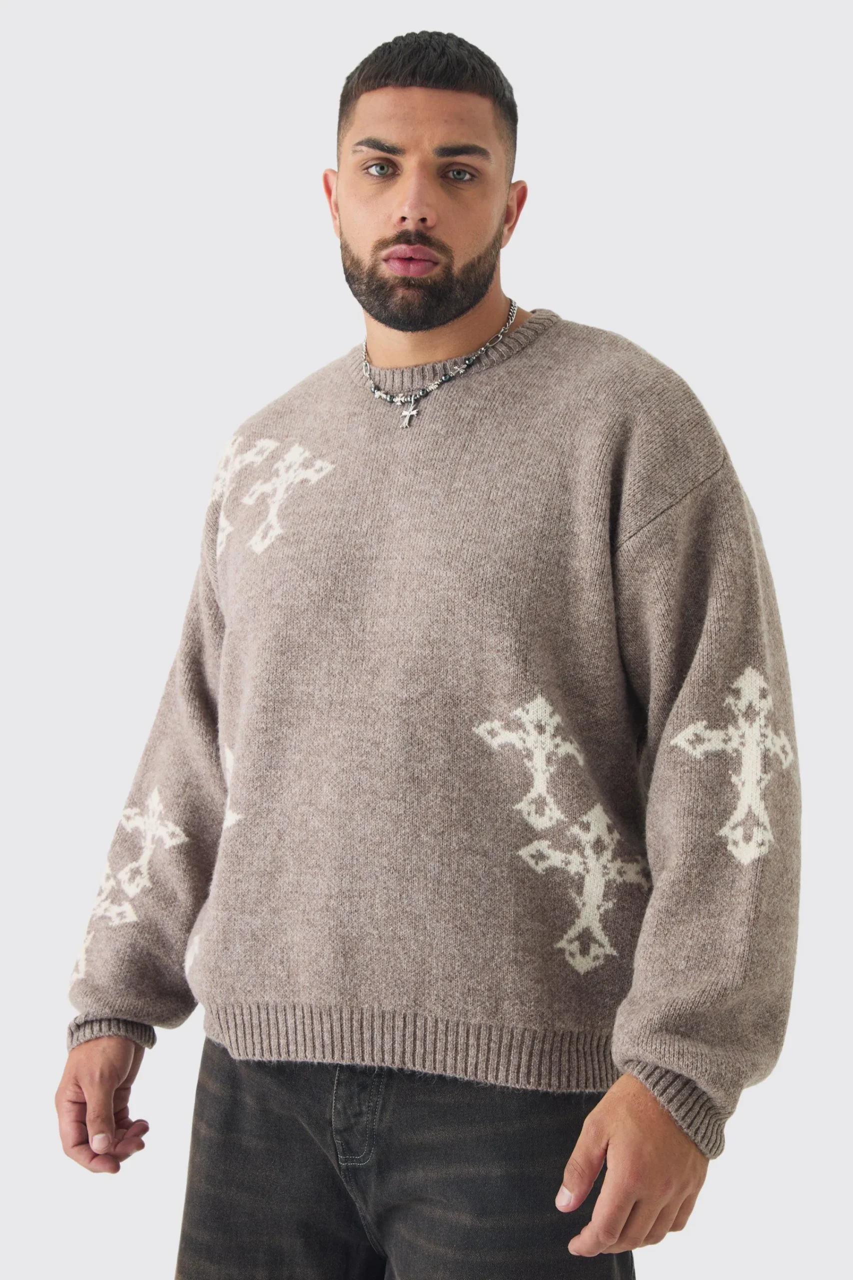 boohooMAN Plus Gothic Cross Oversized Fluffy Knitted Sweat | UK| Knitwear