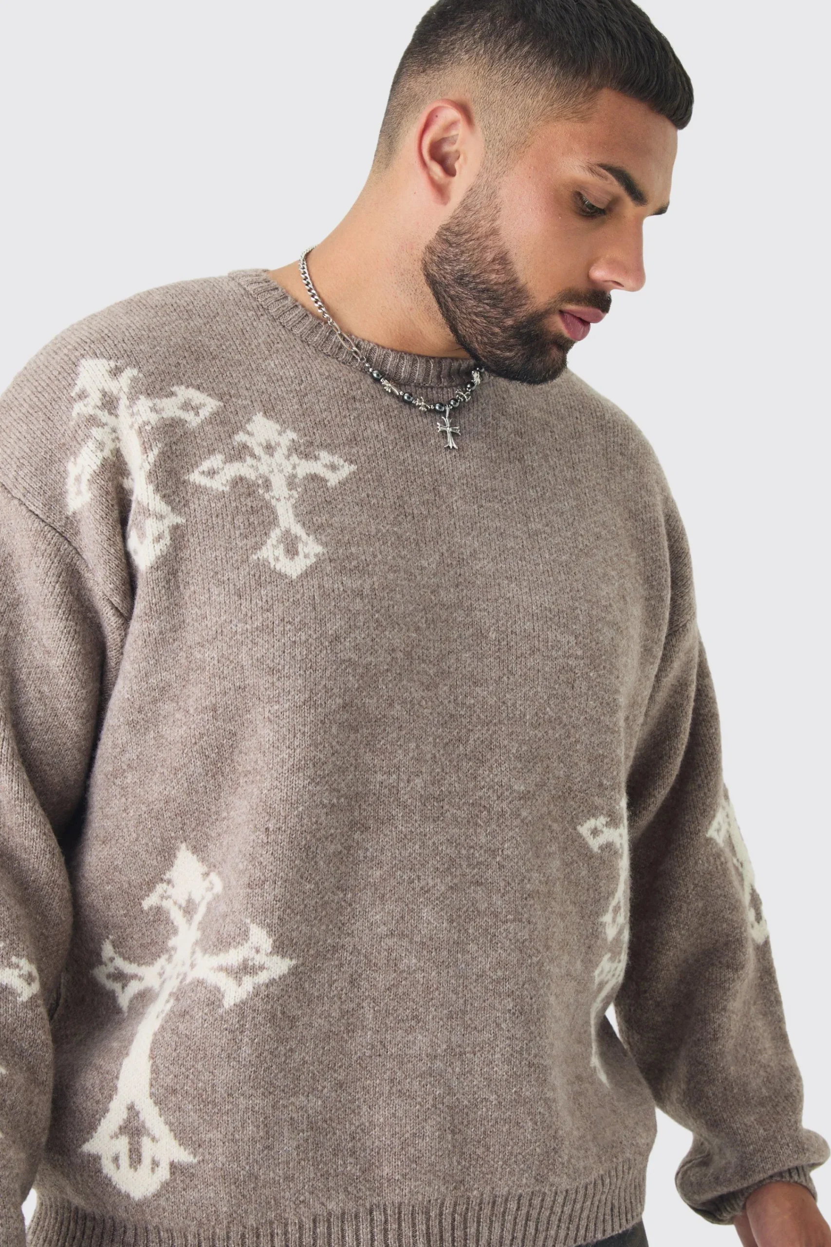 boohooMAN Plus Gothic Cross Oversized Fluffy Knitted Sweat | UK| Knitwear