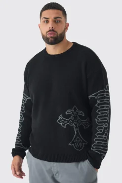 boohooMAN Plus Gothic Cross Oversized Knitted Sweat | UK| Knitwear
