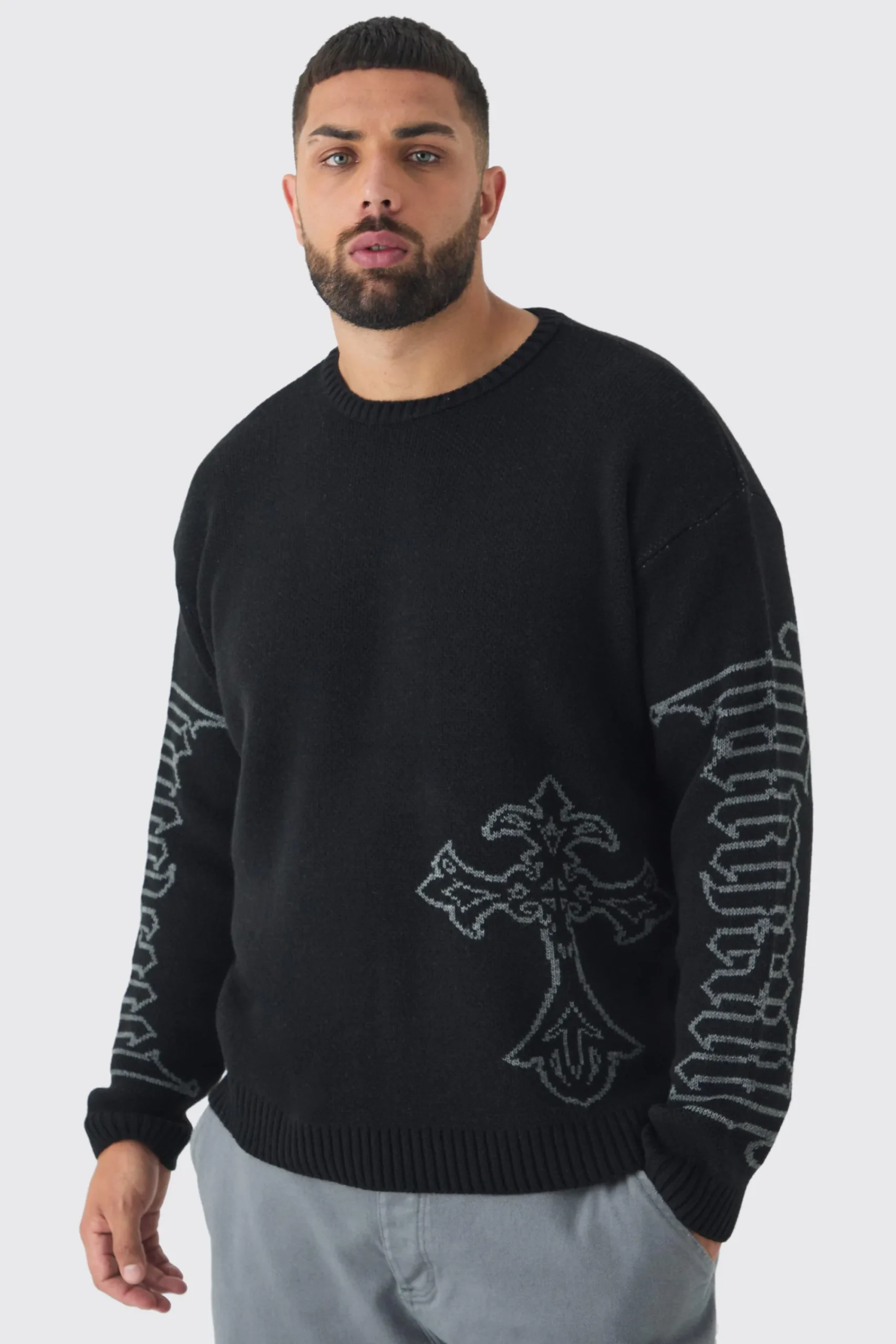 boohooMAN Plus Gothic Cross Oversized Knitted Sweat | UK| Knitwear