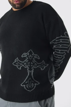 boohooMAN Plus Gothic Cross Oversized Knitted Sweat | UK| Knitwear