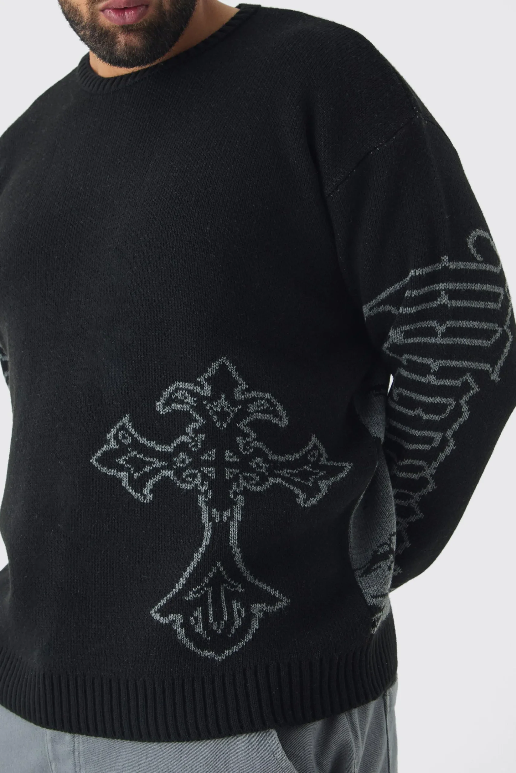 boohooMAN Plus Gothic Cross Oversized Knitted Sweat | UK| Knitwear