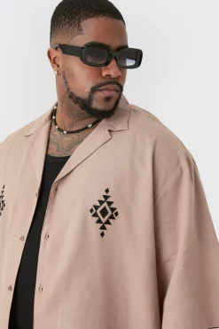 boohooMAN Plus Linen Embroidered Drop Revere Shirt In | UK| Shirts