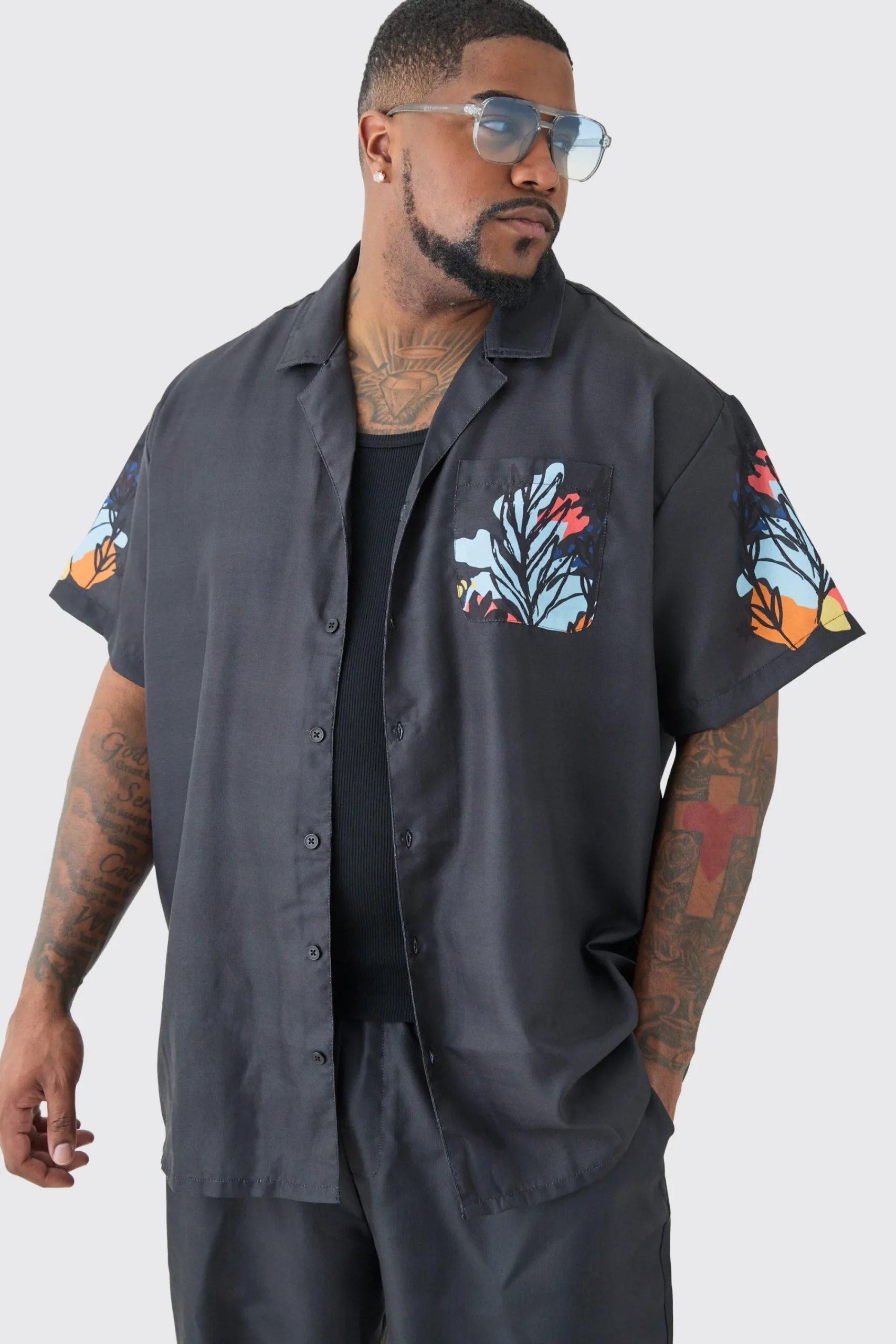 boohooMAN Plus Linen Look Floral Hem Shirt & Trouser Set | UK| Sets & Co-Ords|Tracksuits