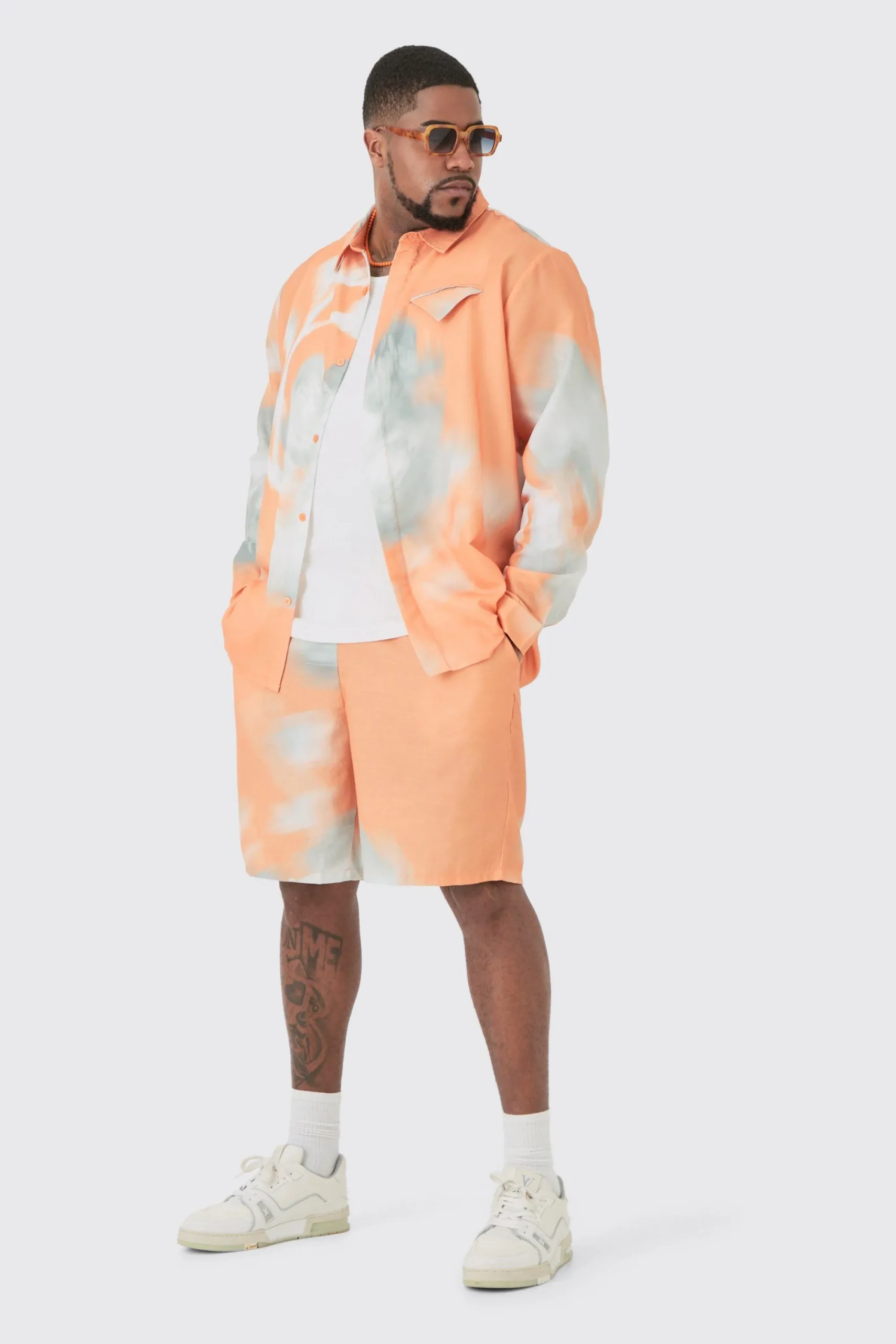 boohooMAN Plus Linen Look Pocket Detail Abstract Shirt & Short Set | UK| Sets & Co-Ords