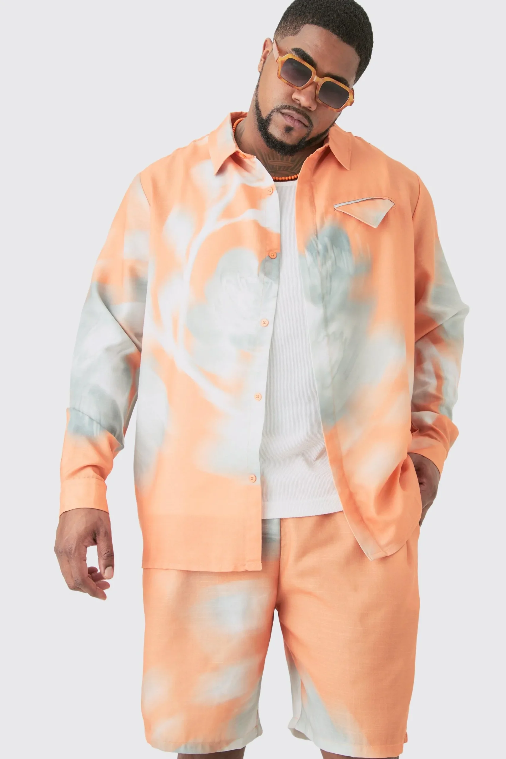 boohooMAN Plus Linen Look Pocket Detail Abstract Shirt & Short Set | UK| Sets & Co-Ords