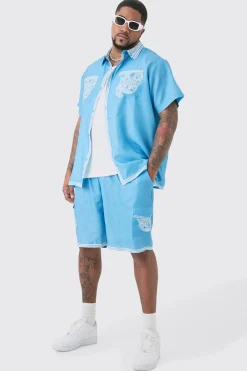 boohooMAN Plus Linen Look Printed Boarder Shirt & Short Set | UK| Sets & Co-Ords