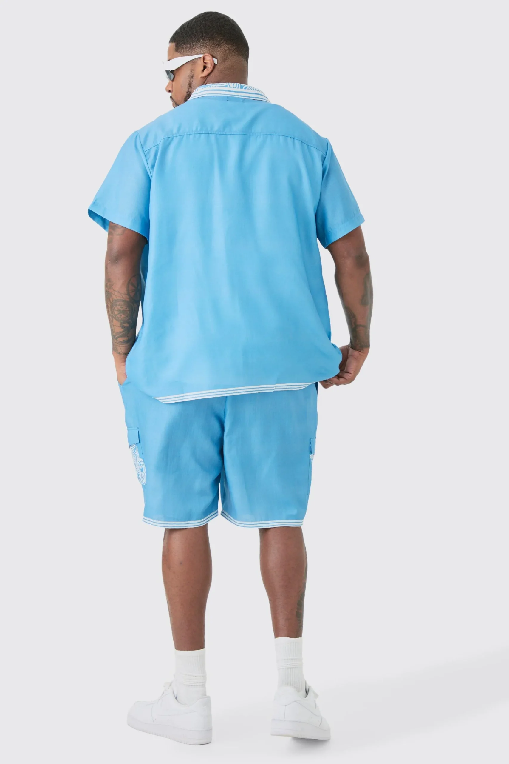 boohooMAN Plus Linen Look Printed Boarder Shirt & Short Set | UK| Sets & Co-Ords