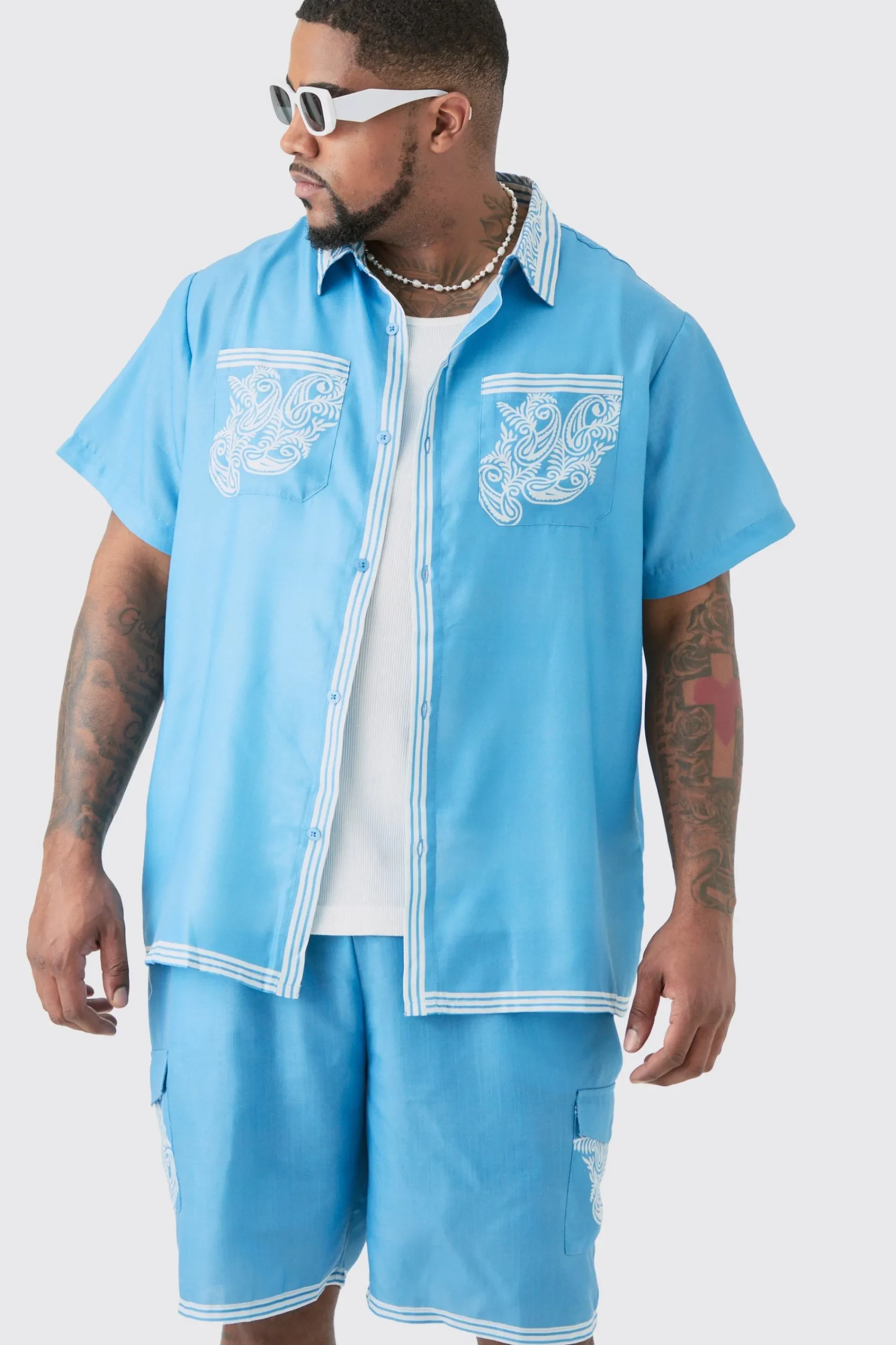 boohooMAN Plus Linen Look Printed Boarder Shirt & Short Set | UK| Sets & Co-Ords