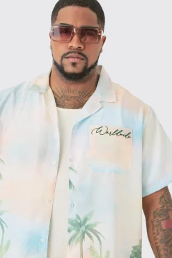 boohooMAN Plus Linen Look Watercolour Landscape Shirt & Short Set | UK| Sets & Co-Ords