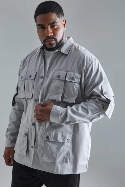 boohooMAN Plus Long Sleeve Poplin Utility Pocket Overshirt | UK| Shirts