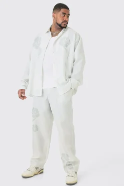 boohooMAN Plus Long Sleeve Tonal Floral Plus Linen Look Shirt & Trouser Set | UK| Sets & Co-Ords|Tracksuits