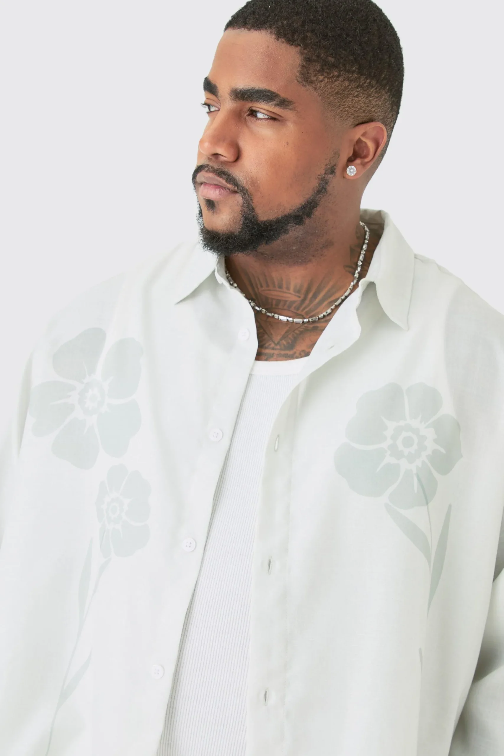 boohooMAN Plus Long Sleeve Tonal Floral Plus Linen Look Shirt & Trouser Set | UK| Sets & Co-Ords|Tracksuits