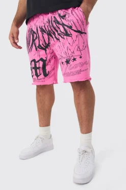 boohooMAN Plus Loose Fit Worldwide Graphic Distressed Shorts | UK| Shorts