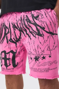 boohooMAN Plus Loose Fit Worldwide Graphic Distressed Shorts | UK| Shorts