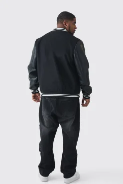 boohooMAN Plus Melton And PU Sleeve Varsity Jacket In | UK| Coats & Jackets