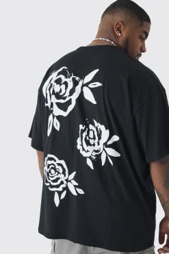Plus Mono Rose Floral Back Print T-shirt In | UK^boohooMAN Clearance