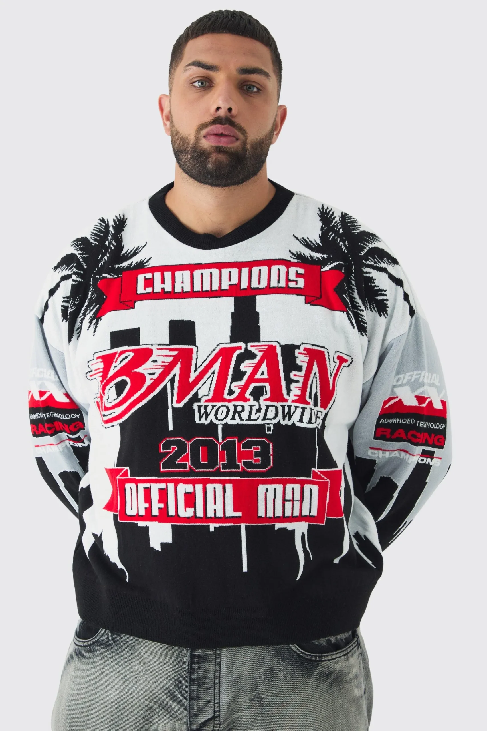 boohooMAN Plus Moto Graphic Knitted Sweatshirt | UK| Knitwear|Hoodies & Sweatshirts