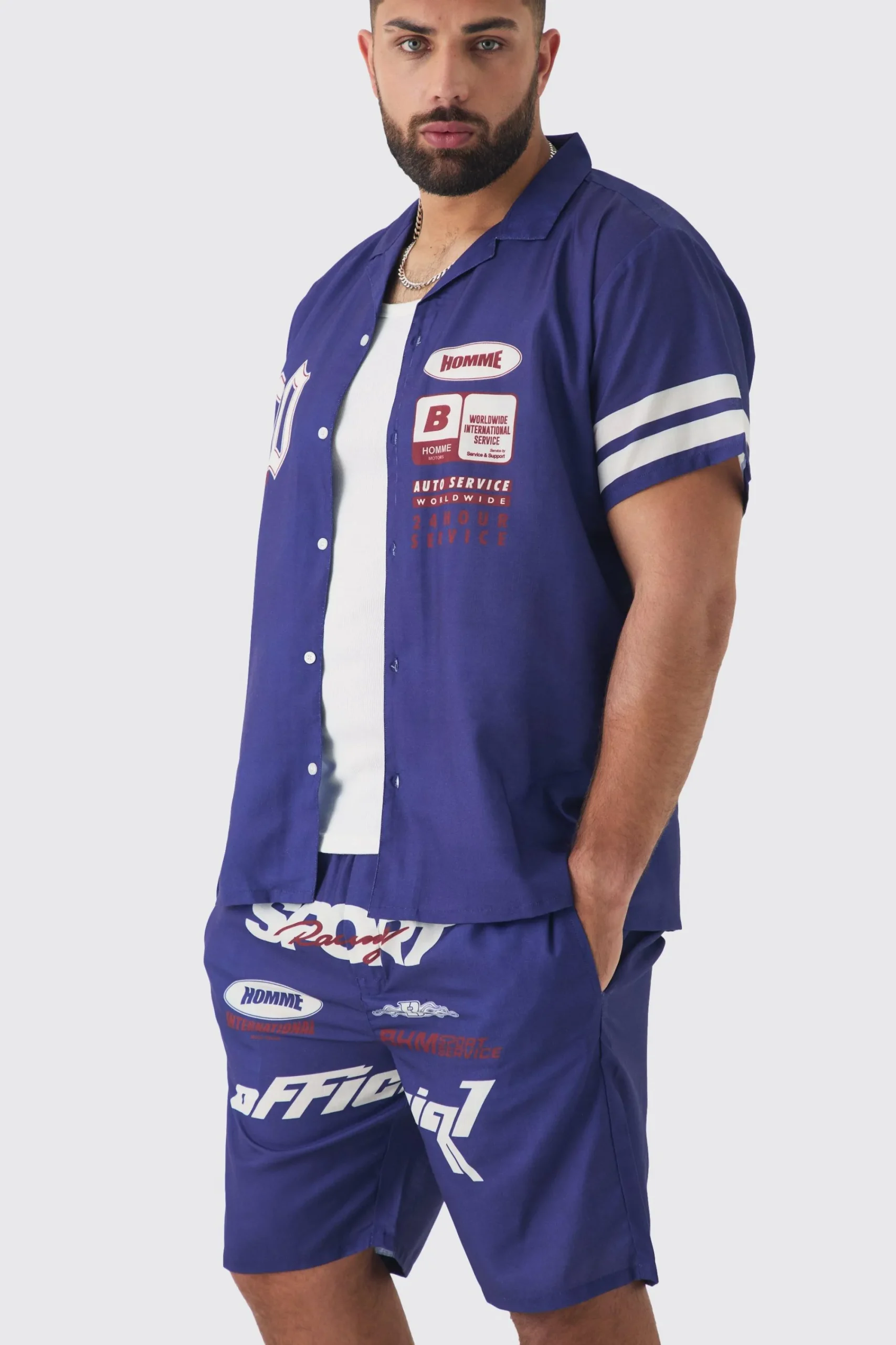 boohooMAN Plus Moto Print Shirt & Short Set In | UK| Sets & Co-Ords