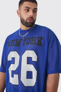 Plus New York Printed Mesh Varsity T-shirt In Blue | UK^boohooMAN New