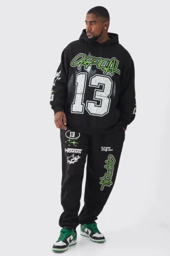 boohooMAN Plus Official 13 Print Oversized Tracksuit In | UK| Tracksuits