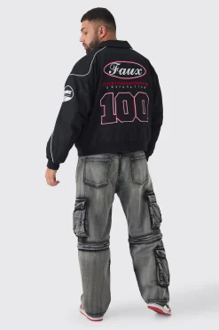 boohooMAN Plus Oversized Badge Twill Moto Jacket In | UK| Coats & Jackets