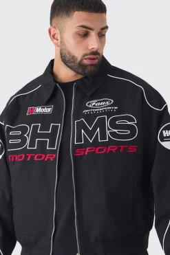 boohooMAN Plus Oversized Badge Twill Moto Jacket In | UK| Coats & Jackets