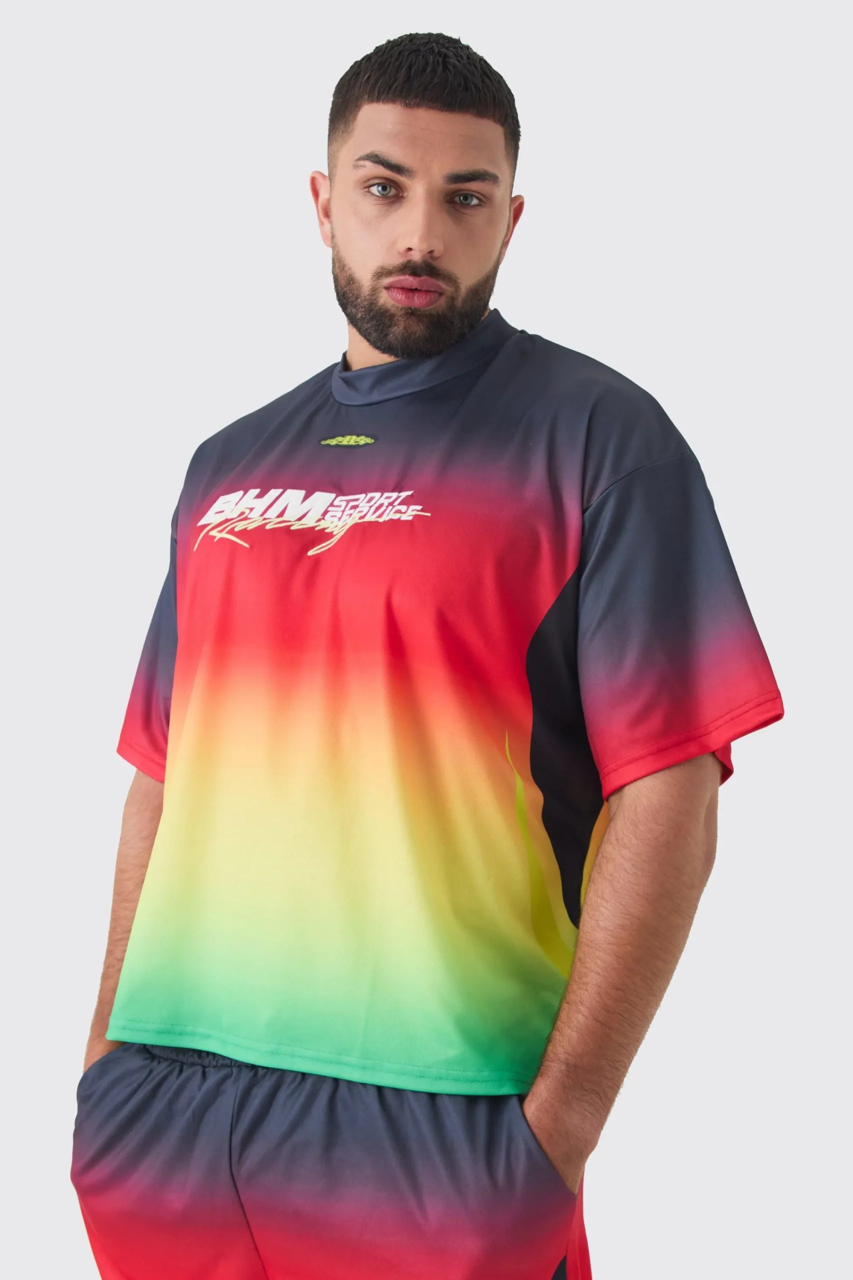 Plus Oversized Boxy Mesh Applique Ombre Printed T-shirt | UK^boohooMAN Best