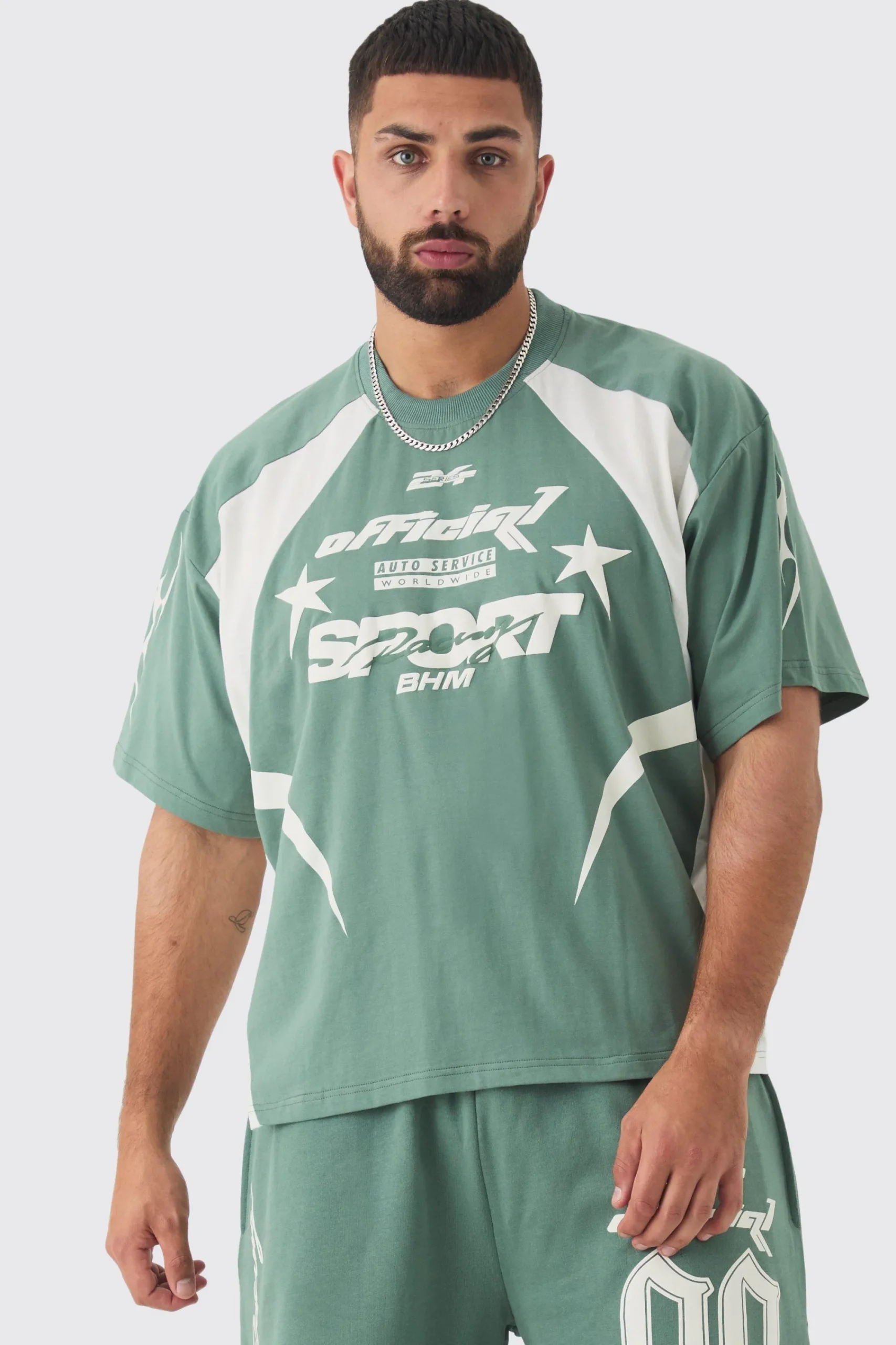 Plus Oversized Boxy Puff Print Moto Extended Neck Tshirt | UK^boohooMAN Hot