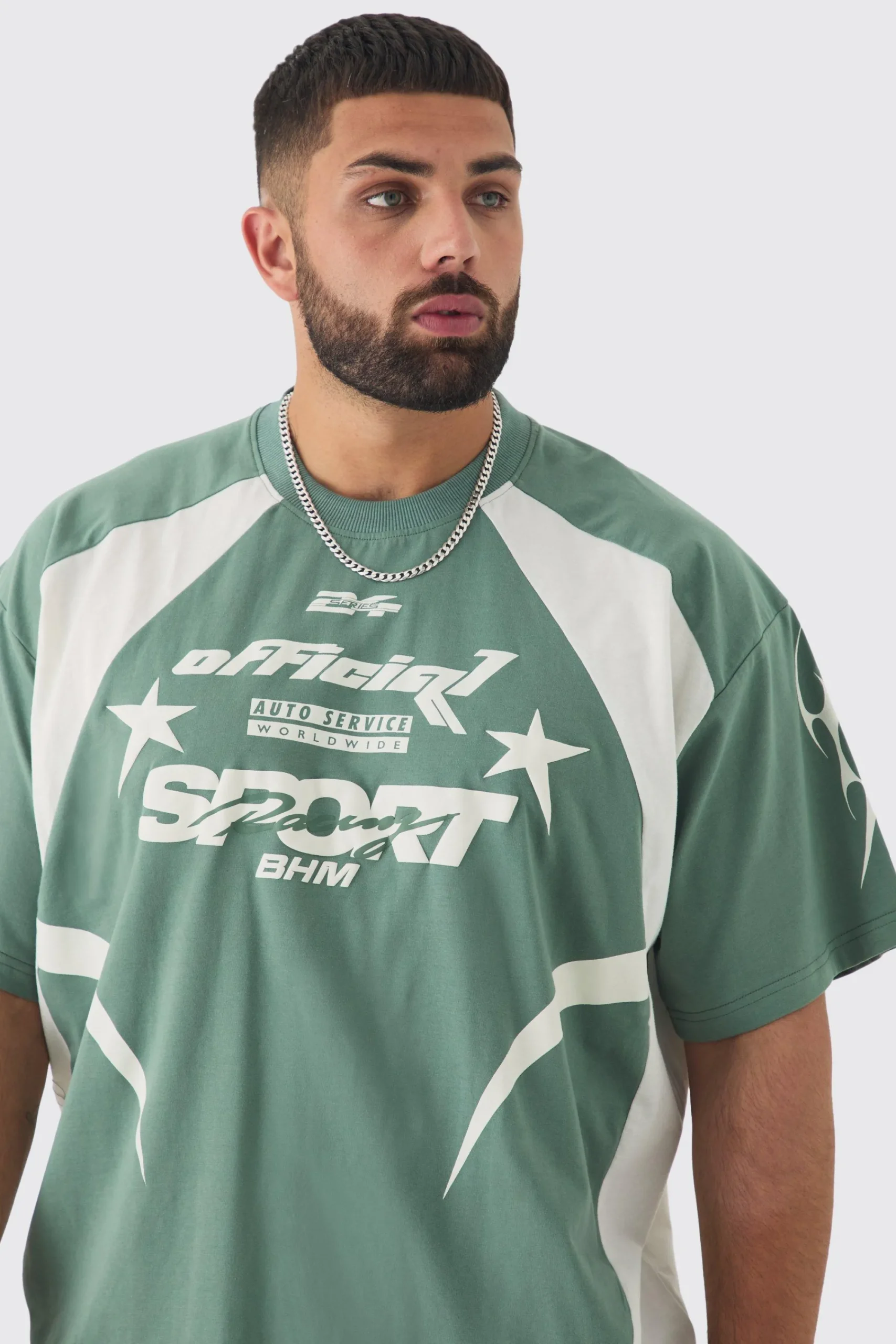 Plus Oversized Boxy Puff Print Moto Extended Neck Tshirt | UK^boohooMAN Hot