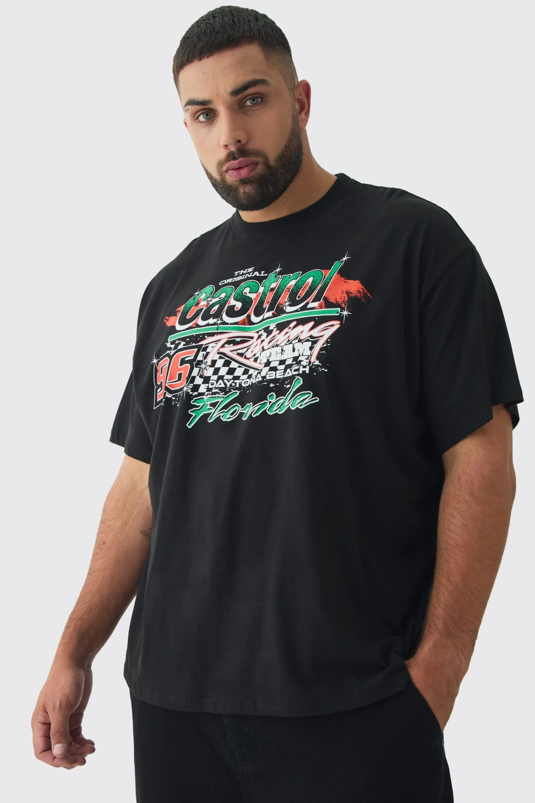 Plus Oversized Castrol GTX License Print T-Shirt | UK^boohooMAN Hot